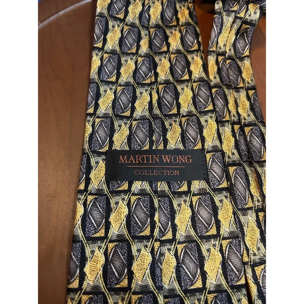 Martin Wong Collection Blue & Yellow Men's‎ 100% Silk Tie Geometric Necktie